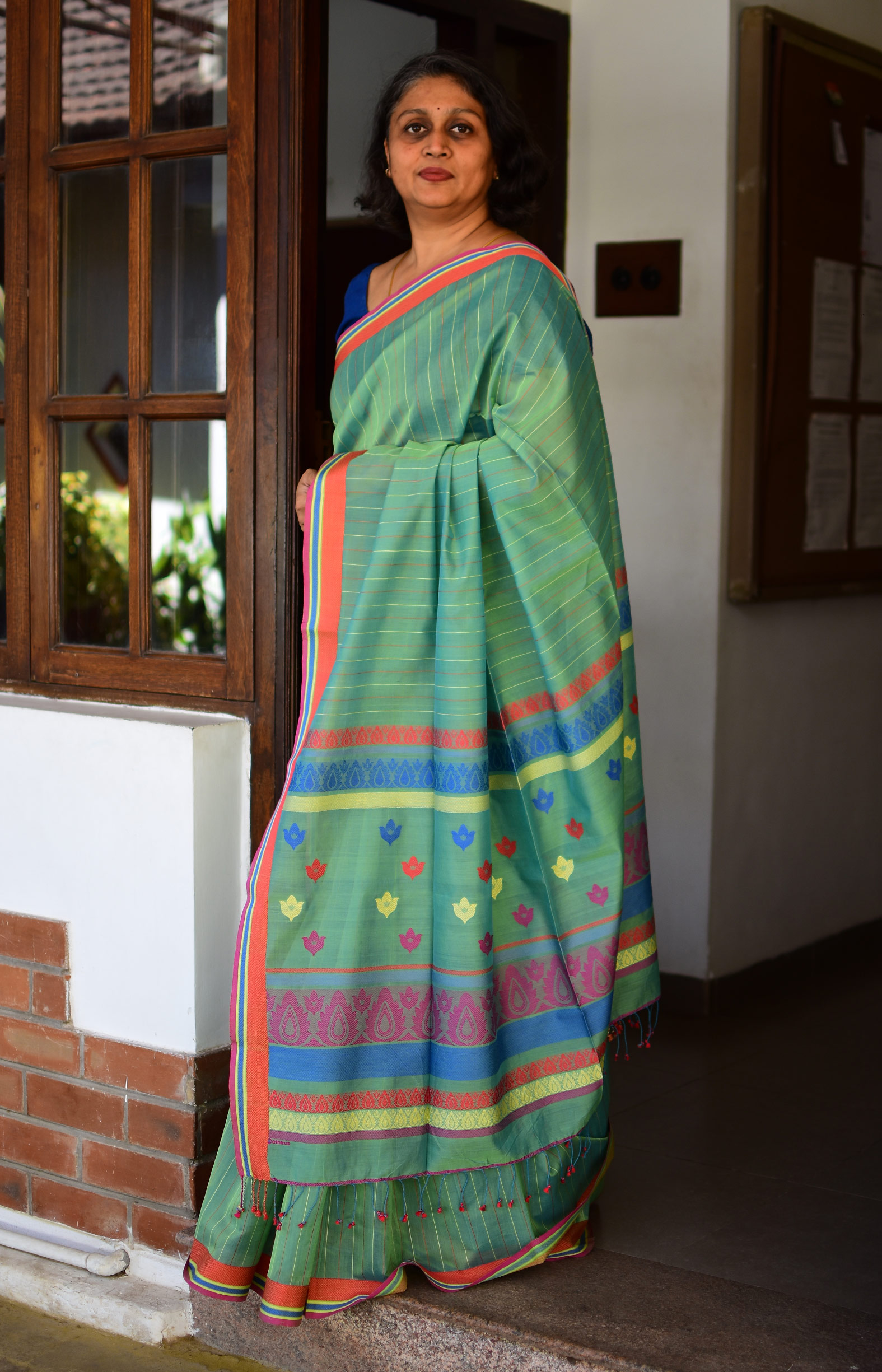 Green, Handwoven Organic Cotton, Plain Weave , Jacquard, Work Wear, Striped Saree